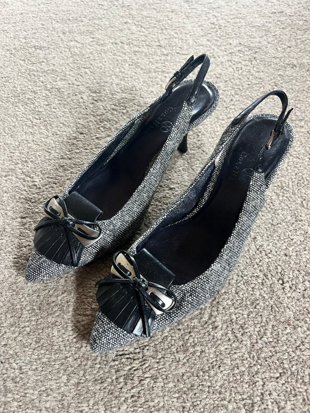 Cole Haan Tweed Slingback Kitten Heels with Bow and Fringe Size 7.5